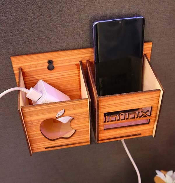 Wall Mounted Wooden Phone & Charger Holder